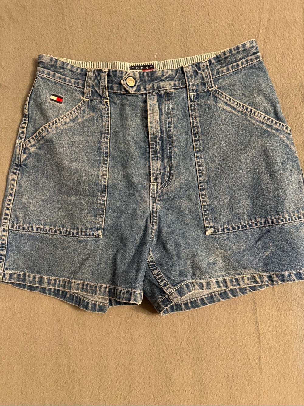 Vintage Wmn Tommy Hilfiger Denim Carpenter Shorts Big Pockets With Logo Size 8